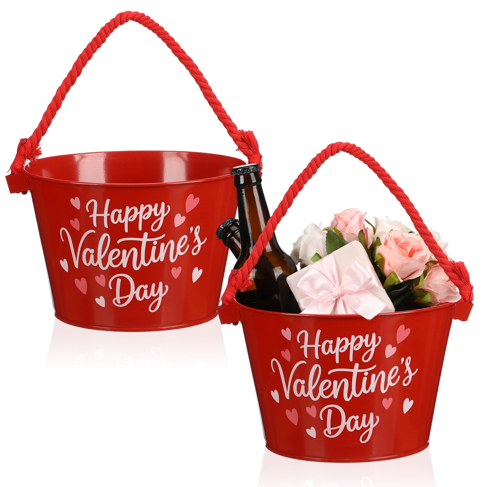 Photo 1 of Honeydak 2 Pack 8 x 5.5 Inch Valentine's Day Galvanized Metal Bucket Red Metal Sand Bucket with Sturdy Rope Handle for Valentines Party Favor Candies Chocolate Gift Holder