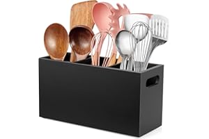 ALELION Large Utensil Holder with Removable Divider - 3 Compartment Wooden Utensil Caddy Organizer for Kitchen Counter - Black Cooking Utensil Crock for Countertop