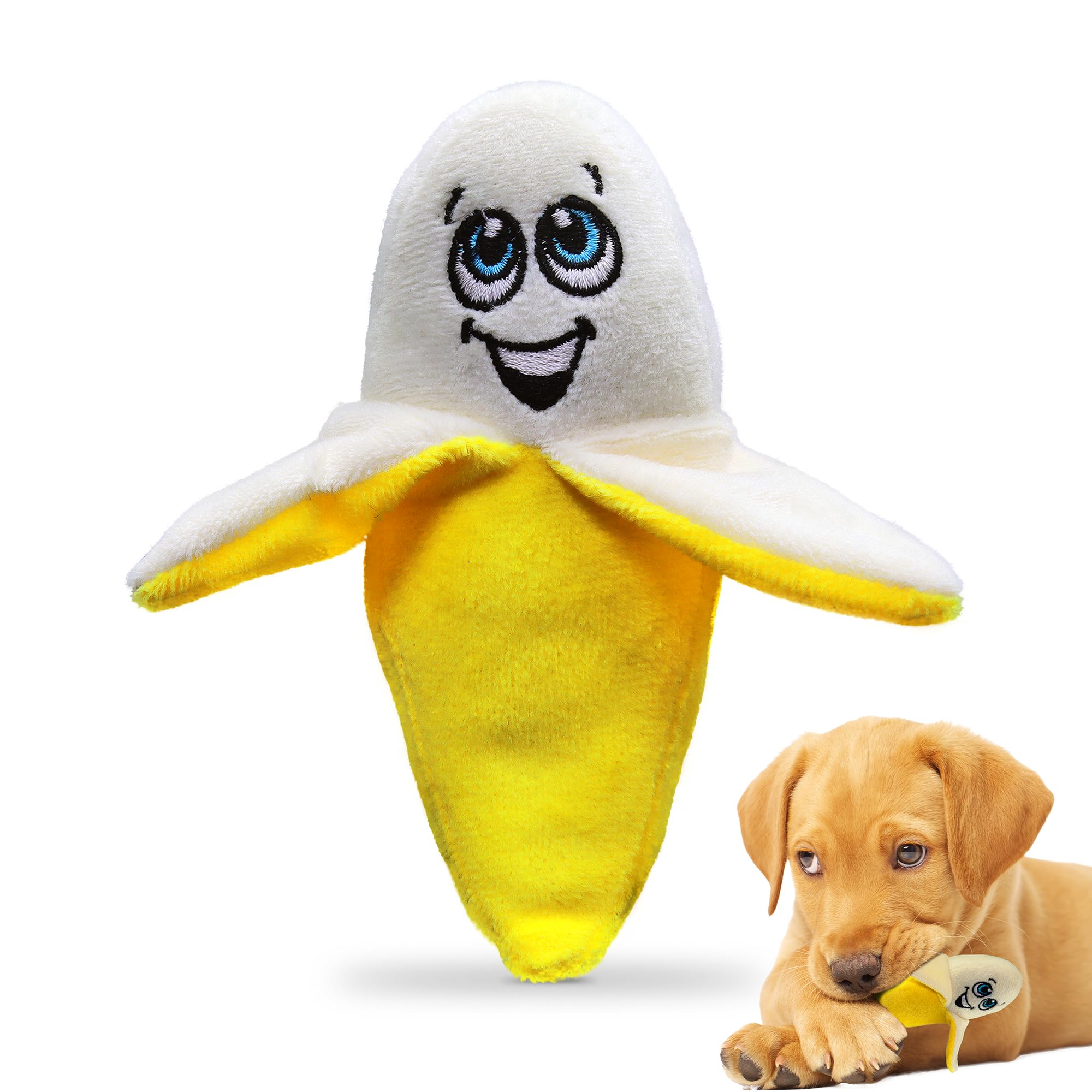 PetSport Tiny Tots Foodie Banana - Banana Dog Toy Squeak Toy, Soft Plush Puppy Toys, Interactive with Squeaker, Made for Small Dogs - 5 Inch