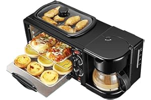 Breakfast Station 3-in-1 with Coffee Maker, Non-Stick Griddle & 4-Slice Toaster Oven - Versatile Kitchen Appliance for Apartm