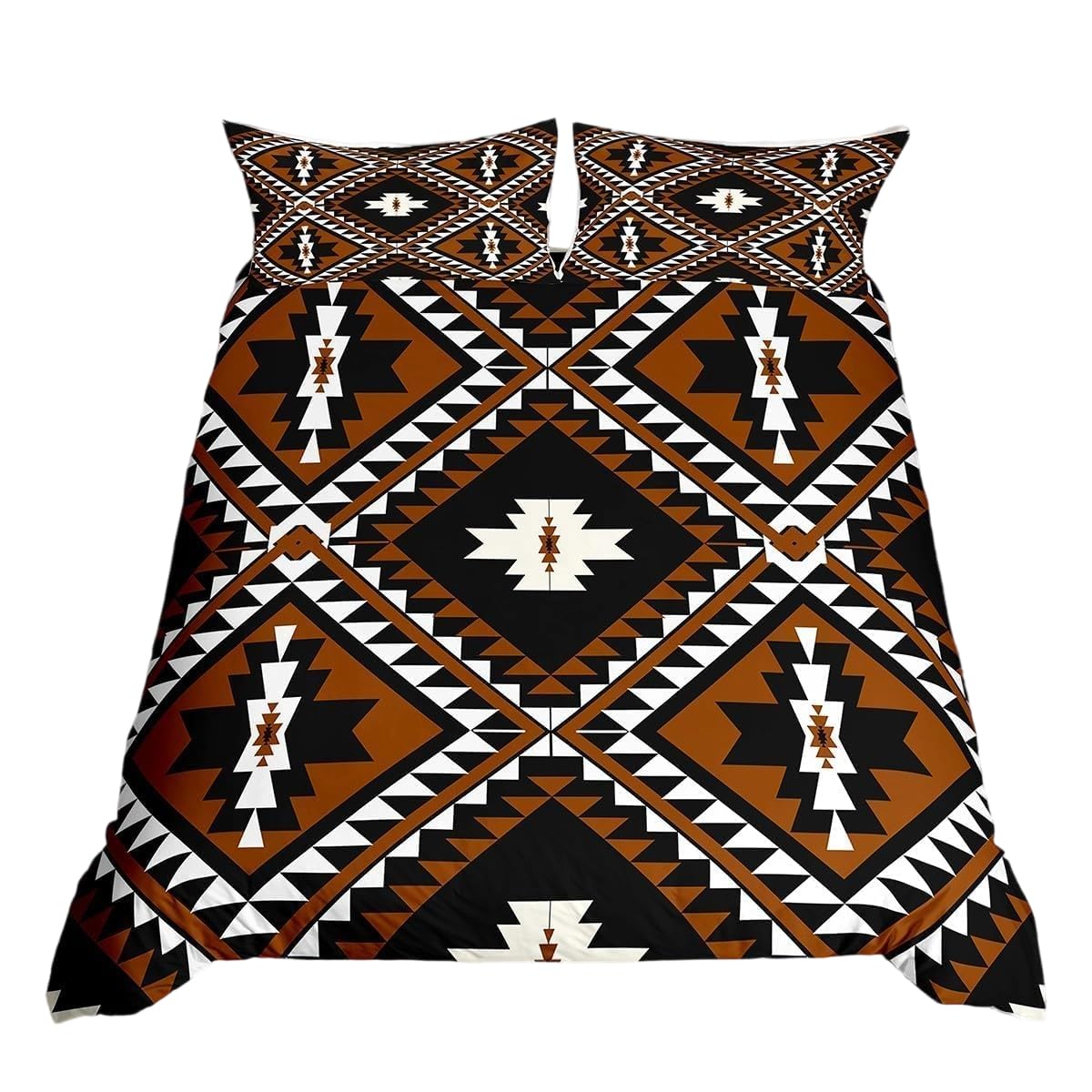 Homewish Aztec Bohemian Bedding Set Double 3 Pieces - Boho Southwestern Duvet Cover with Black Reverse - Tribal Geometric Pattern Quilt Cover for All Season - Rustic Western Brown Bed Sets