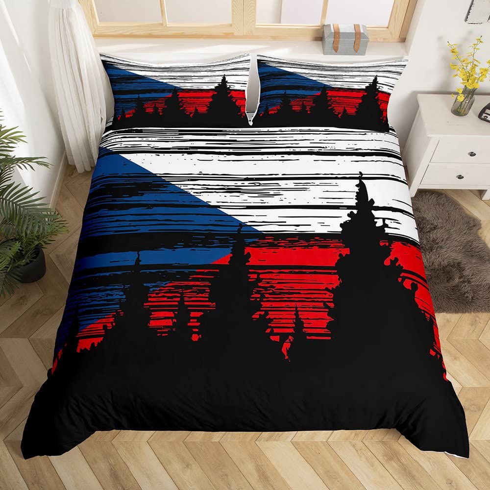 Czech Republic Flag Bedding Set Single Size,Black Trees Silhouette Duvet Cover for Kids Boys Bed Comforter Cover Set,Blue White Red Flag Bedding Quilt Cover Set Decorative 2 Pieces