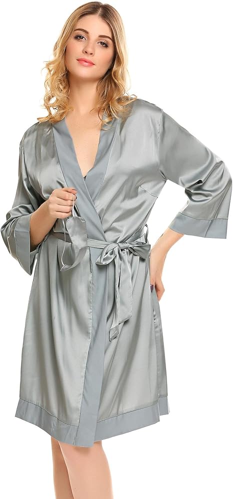 Langle Women S 2 Pieces Nightgown And Robe Set Silk Robe Pajamas Sets With Belt And Eye Mask S Xxl