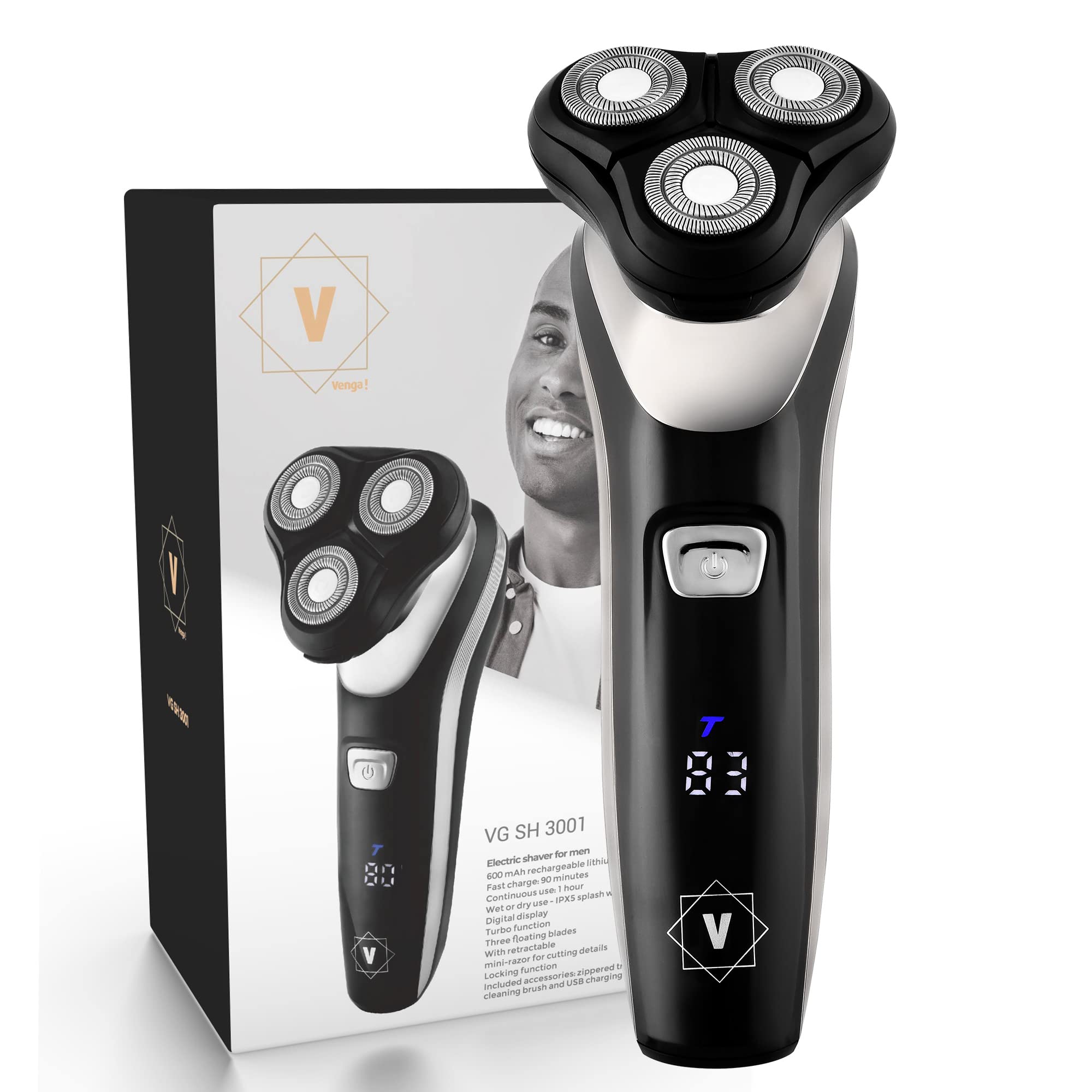 Venga! Electric Shaver for Men, 3 Floating Blades, Pop-Out Trimmer, Turbo Mode, Wet or Dry Use, Black, VG SH 3001