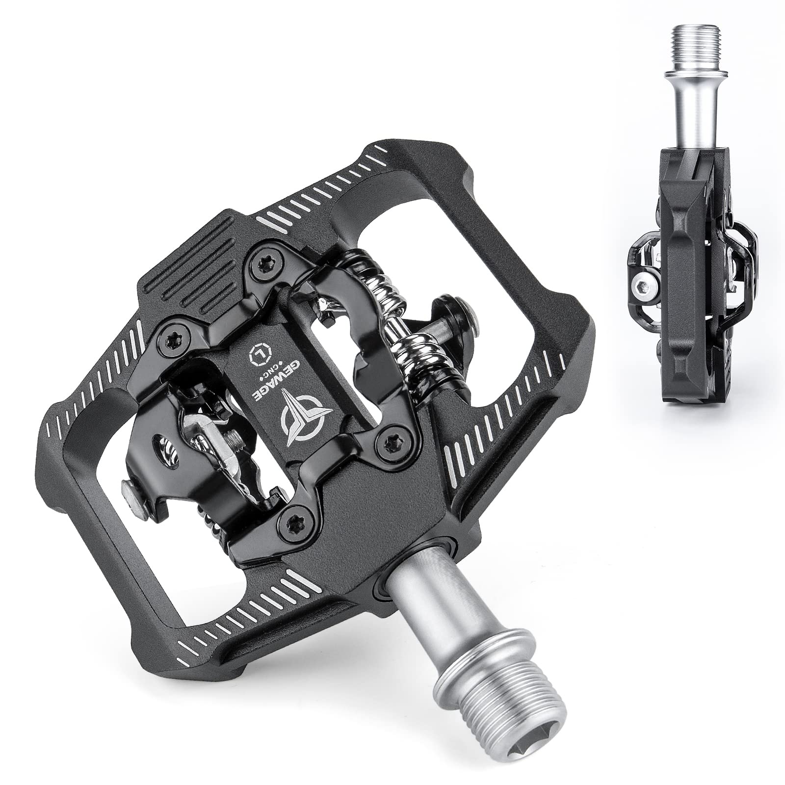 GEWAGE Mountain Bike Pedals - Dual Function Flat and SPD Pedal - 3 Sealed Bearing Platform Pedals SPD Compatible, Bicycle Pedals for BMX Spin Exercise Peloton Trekking Bike (S-Black)