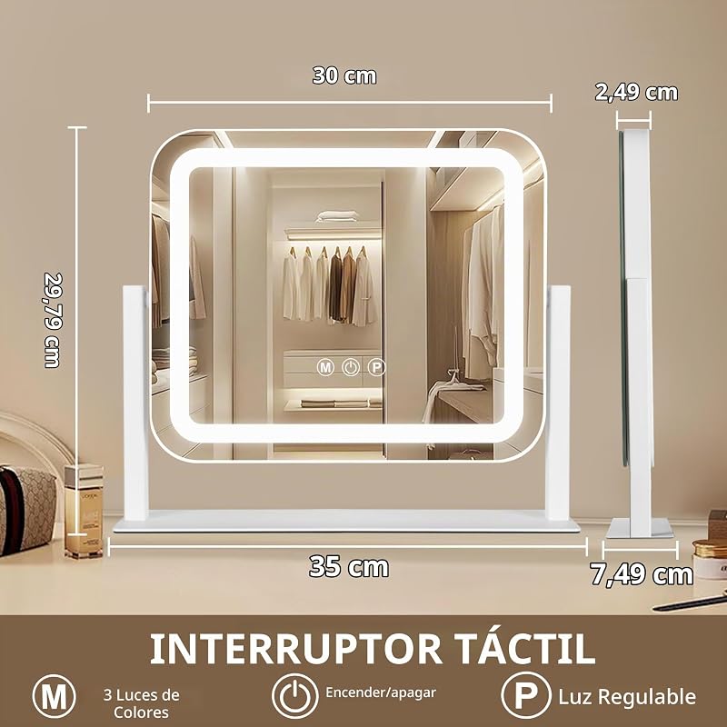 Espelho de maquilhagem com luz, espelho de penteadeira 3 modos de luz, intensidade ajustável, controlo tátil, rotação de 360°, acessório de ampliação incluído, 35 x 30cm, branco