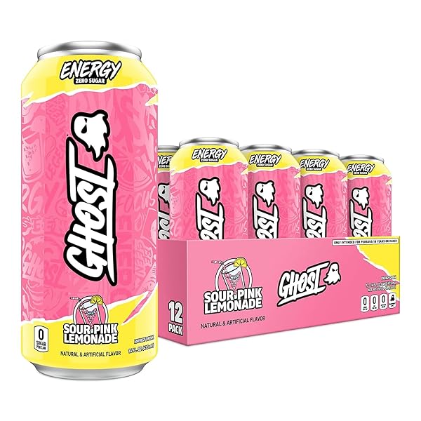 GHOST ENERGY DRINK – 12-PACK, SOUR PINK LEMONADE, 16OZ CANS – ENERGY & FOCUS & NO ARTIFICIAL COLORS – 200MG OF NATURAL CAFFEINE, L-CARNITINE & TAURINE – GLUTEN-FREE & VEGAN