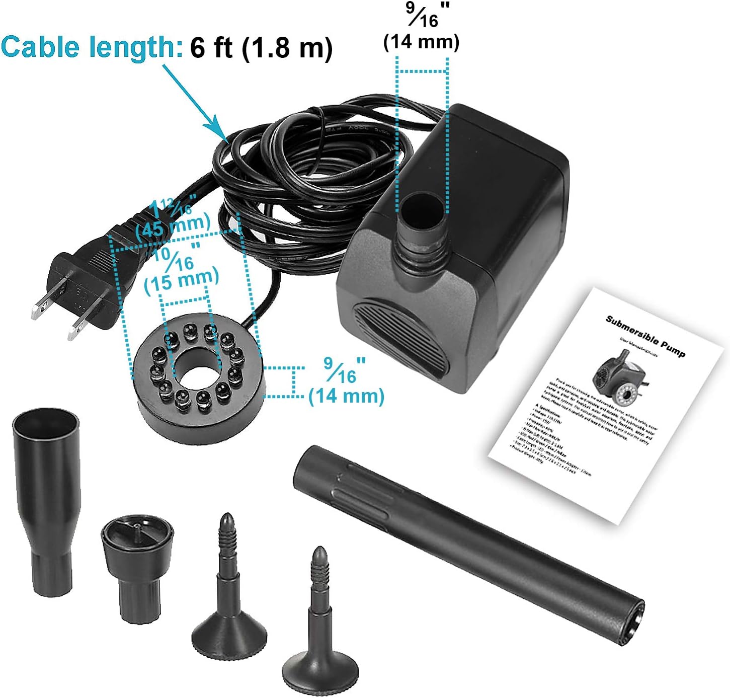 Water Fountain Pump 140GPH with 3 Sprinkler Heads Outdoor Submersible Birdbath Pump (15W; 4 Colors Light Ring, Telescopic Tube): Home Improvement