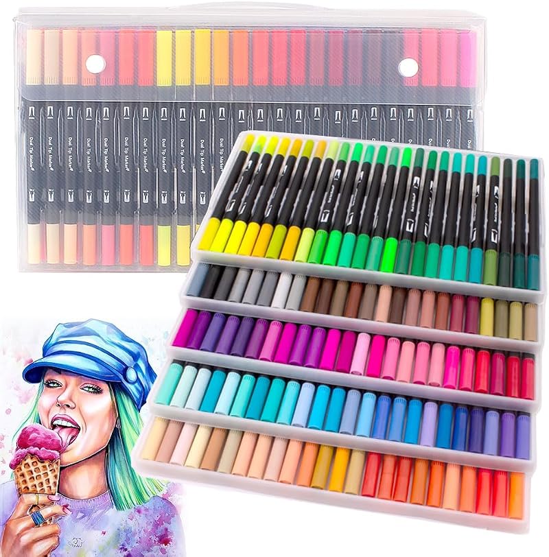 Laconile 120 Dual Tip Brush Pens 0.4mm Fineliner 2mm Brush 120 Colors