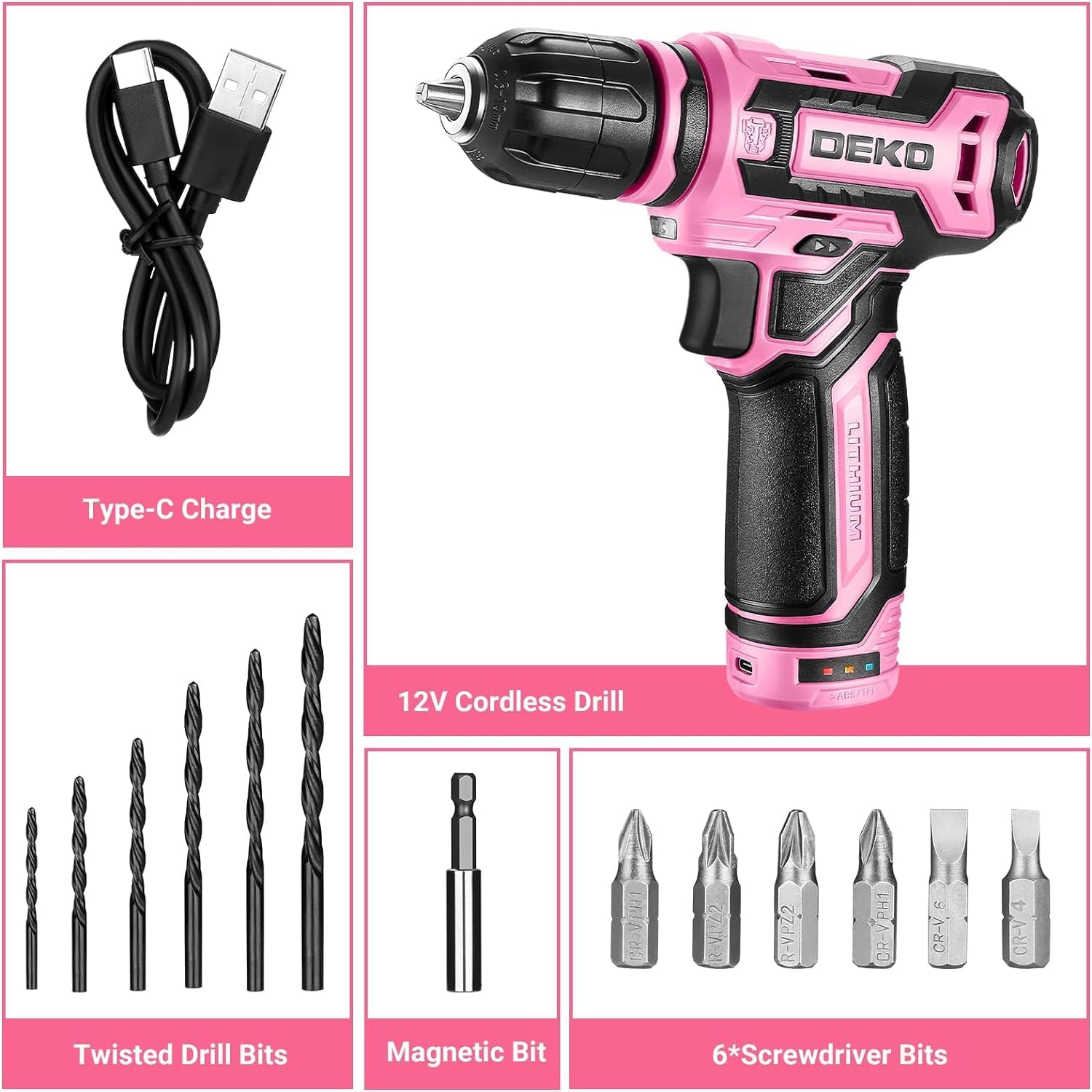 Cordless Drill：DEKOPRO 12V Power Battery Drill Set with Small Electric Drills and 3/8-inch Keyless Chuck with Portable Tool Set Gift Box (Pink)