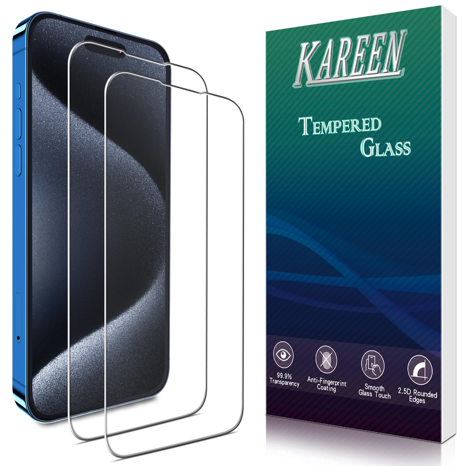 Photo 1 of KAREEN 2 Pack Screen Protector for iPhone 15 Pro 6.1-Inch Tempered Glass Film, Anti Scratch, Bubble Free, 9H Hardness, Easy to Install, Case Friendly
