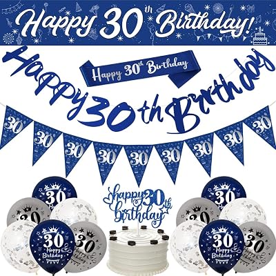 Yontree 30th Birthday Decorations Navy Blue Silver Banner Bunting Cake Topper