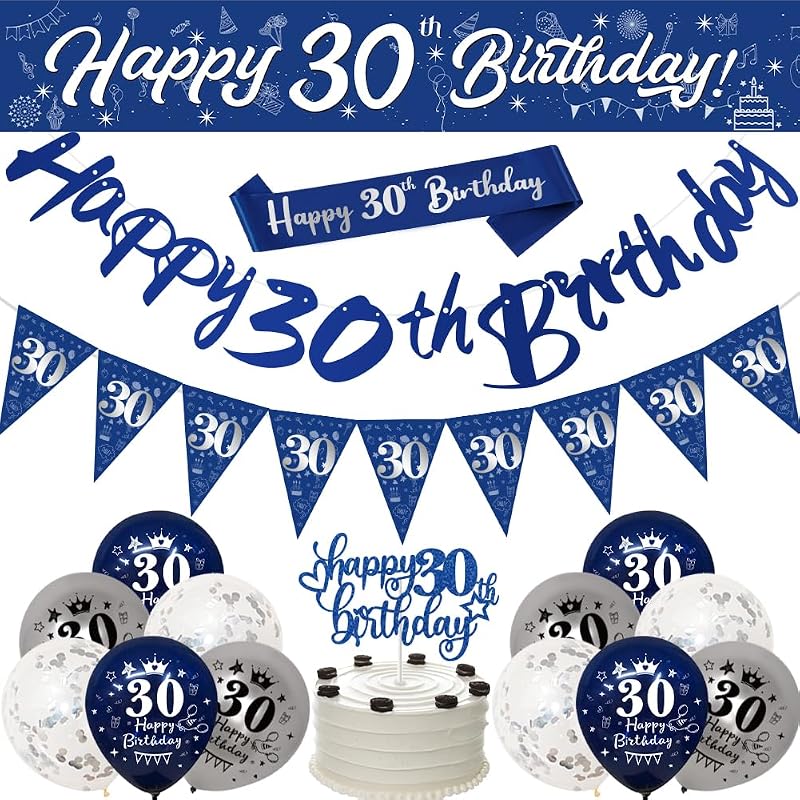 Yontree 30th Birthday Decorations Navy Blue Silver Banner Bunting Cake Topper