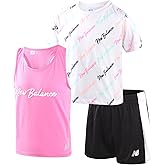 New Balance Girls Shorts Set - 3 Piece Athletic T Shirt, Tank Top and Shorts for Girls, Performance Summer Outfit for Kids