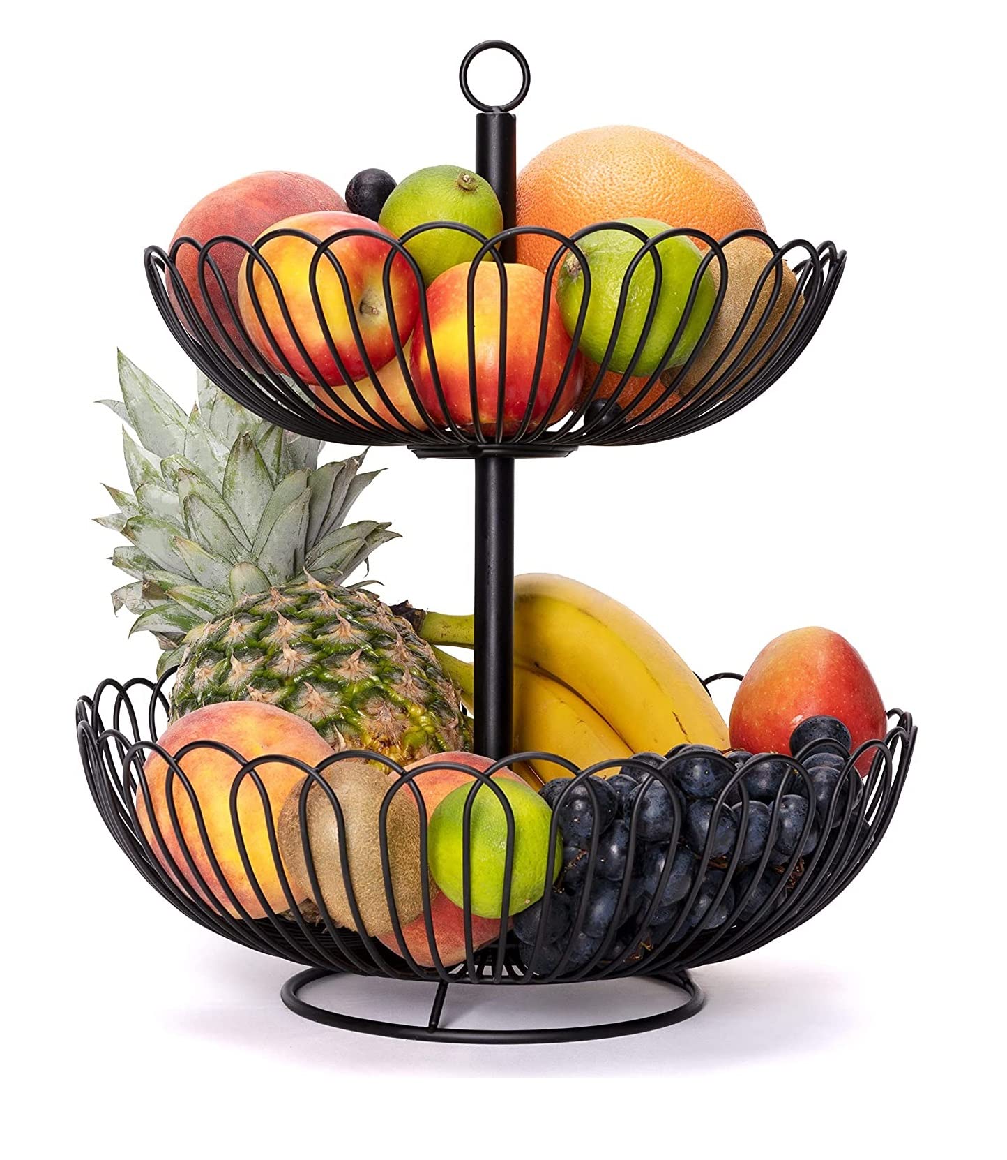 Chefarone 2-tier Fruit Bowl Large Basket, Keeps Fruits & Vegetables Fresh, Vintage Style Stand, Black Countertop Metal Bowls for Kitchen (33 X 33 X 38.5cm)