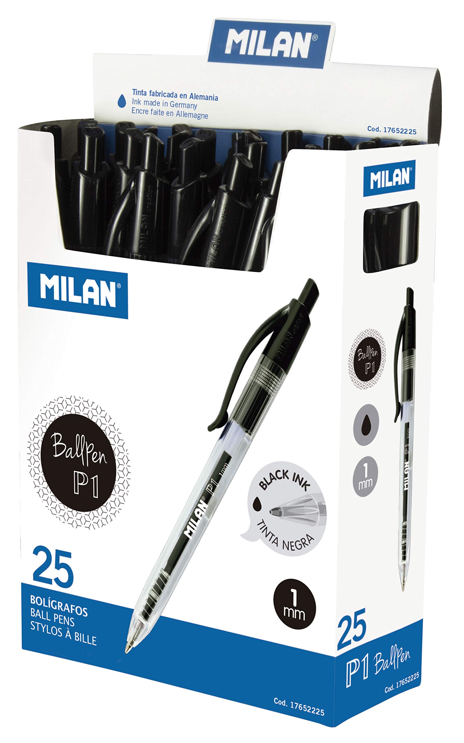 Milan 17652225 Box of 25 Ball Point Pens P1 Push Button-Black