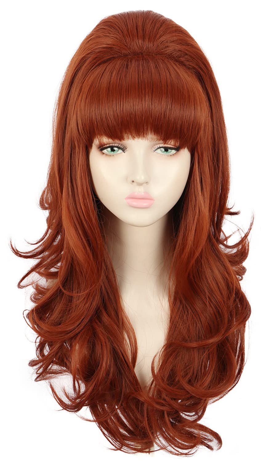 Yuehong Women Long Curly Ginger Big Bouffant Beehive Wig 60s 70s Costume Hair Heat Resistant Synthetic Fibers Soft Durable Breathable Wig