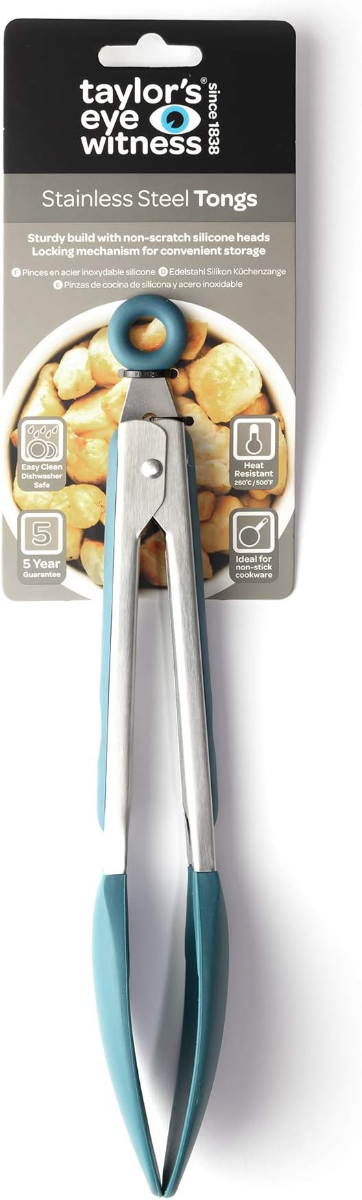 Taylors Eye Witness Large Steel Blue Silicone Tongs - Dishwasher Safe. Sturdy Build, Non-Scratch Heads, Convenient Locking Mechanism. Odour, Stain & Heat Resistant (260°C/500°F). 5 Year Guarantee