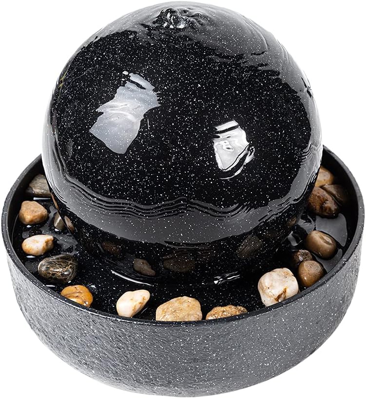 Indoor Fountains & Accessories - CASLONEE 7.5 Inch Tall Indoor Relaxation Tabletop Ball Fountain with LED Light and Stone Home/Office Decoration Meditiation Water Resin Foundtain Desktop Fountains Black