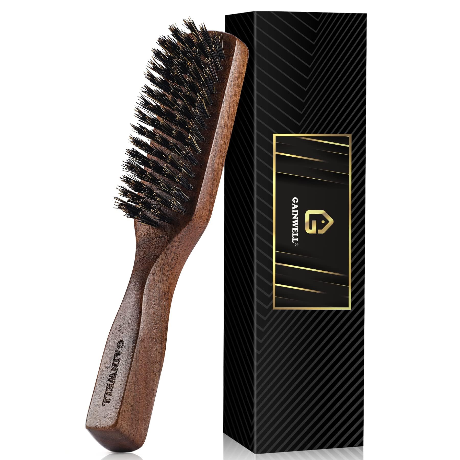 GAINWELL Mens Boar Bristle Hair Brush, Beard Brush Natural Black Walnut Wooden Handle, Stiff Bristles for Thick Hair, Mustache Hairbrush