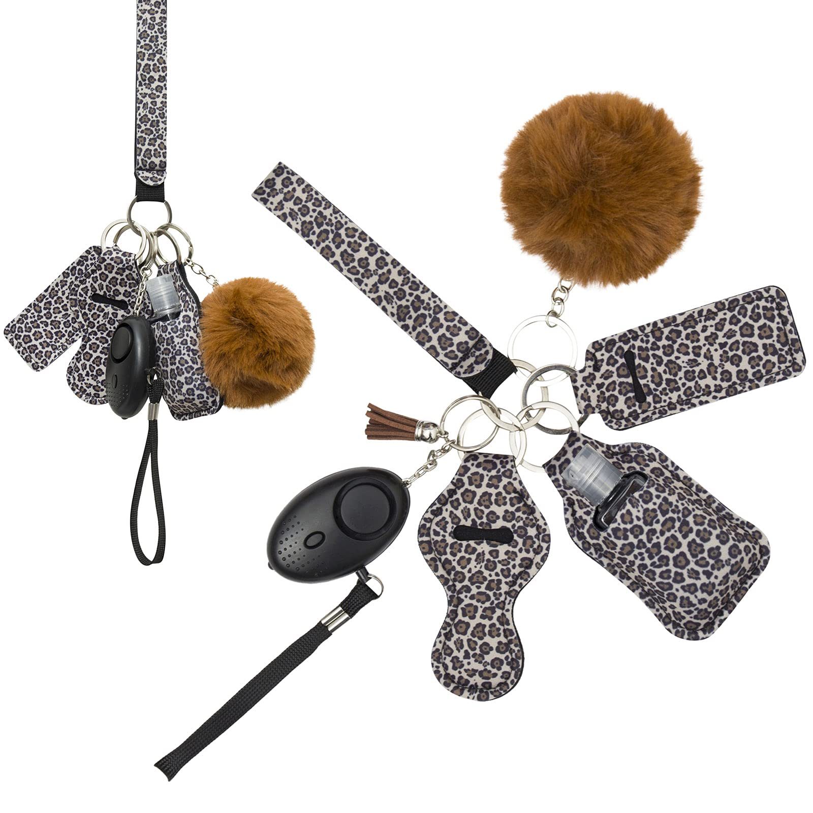 REZIME Keyring Keychain Set for Women Girls with Personal Alarm, Lipstick Holder, Travel Bottle, Bottle Holder, Pom Pom, Tassel and Wristlet, Alarm with Flashlight (Brown)