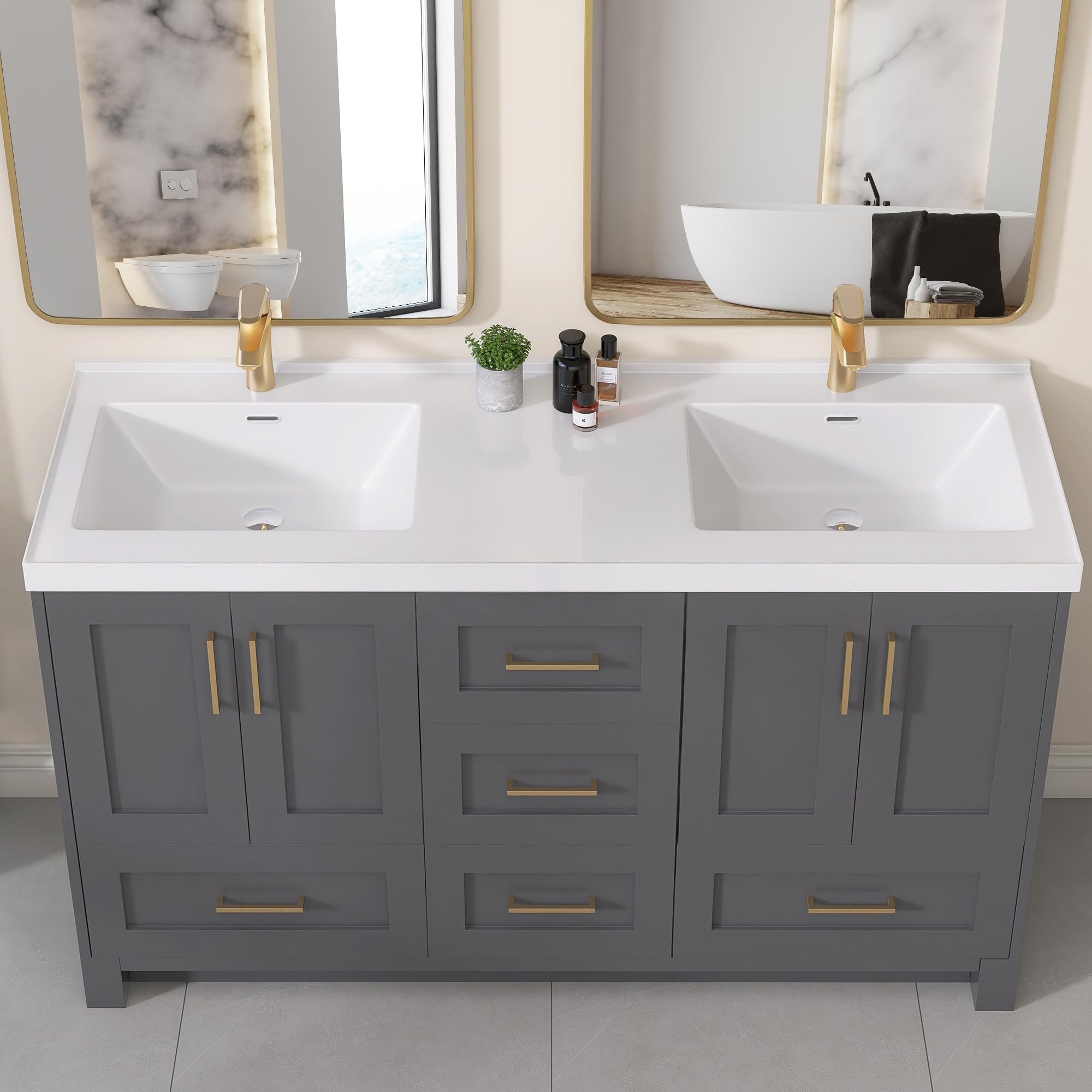 Photo 1 of **FACTORY SEALED/EVEYTHING INSIDE BOX IS STILL WRAPPED AND NAILED DOWN**GETPRO Vanity Top 60 in. W x 22 in. D Solid Surface Cultured Marble Bathroom Vanity Double Sink Top and Integrated Backsplash White Vanity Countertop with Single Faucet Hole