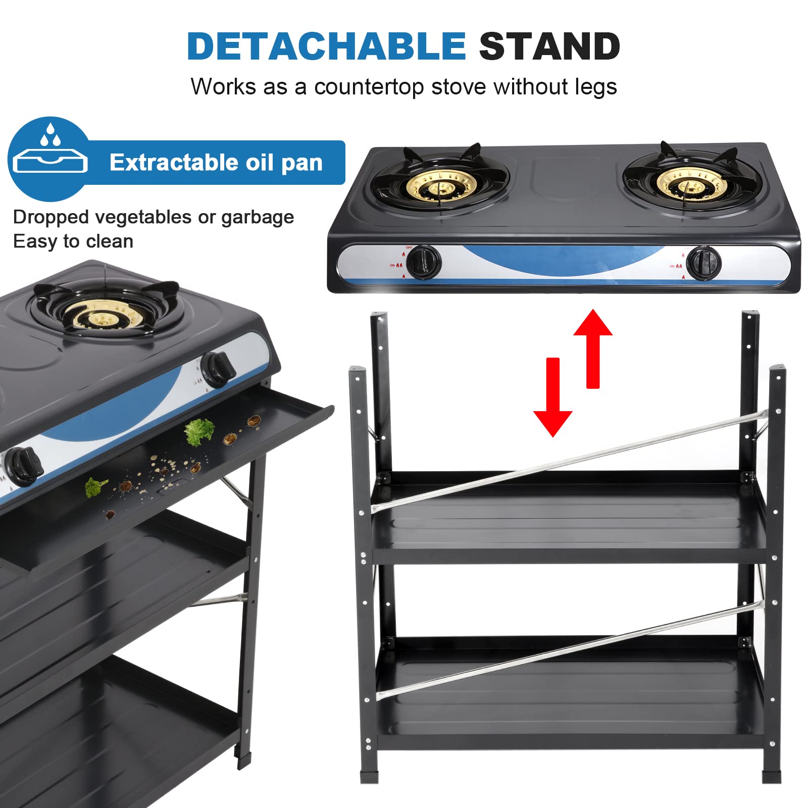 Propane Gas Stove 2 Burner Gas Stove with Removable Leg Stand Portable Gas Stove Black Auto Ignition Camping Dual Burner LPG for RV, Apartment, Outdoor