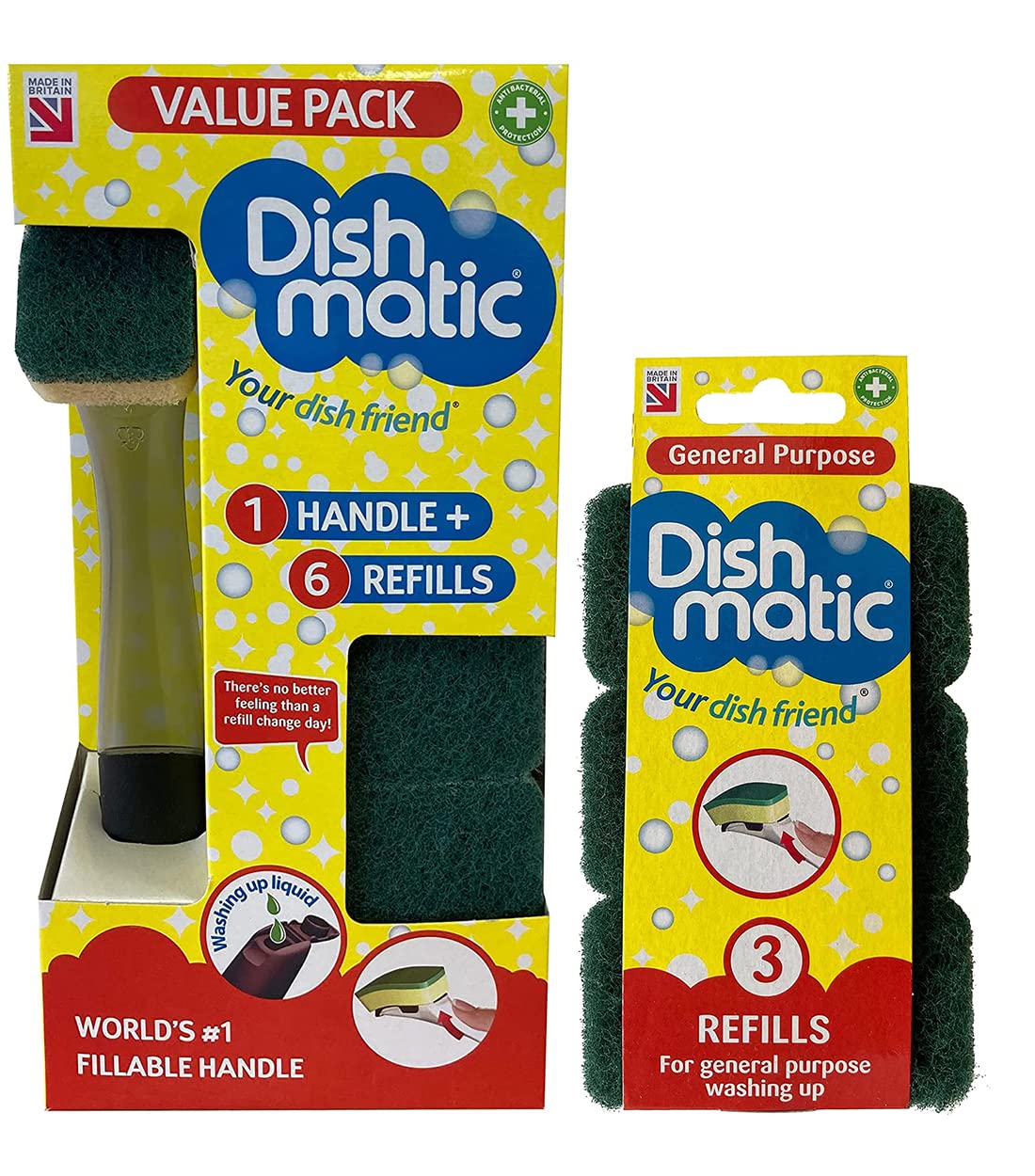 Fillable Washing Up Brush with Handle and 6X Replaceable Sponge Head Refills [Value Pack] Bundled with 3X General-Purpose Sponge Head Refills