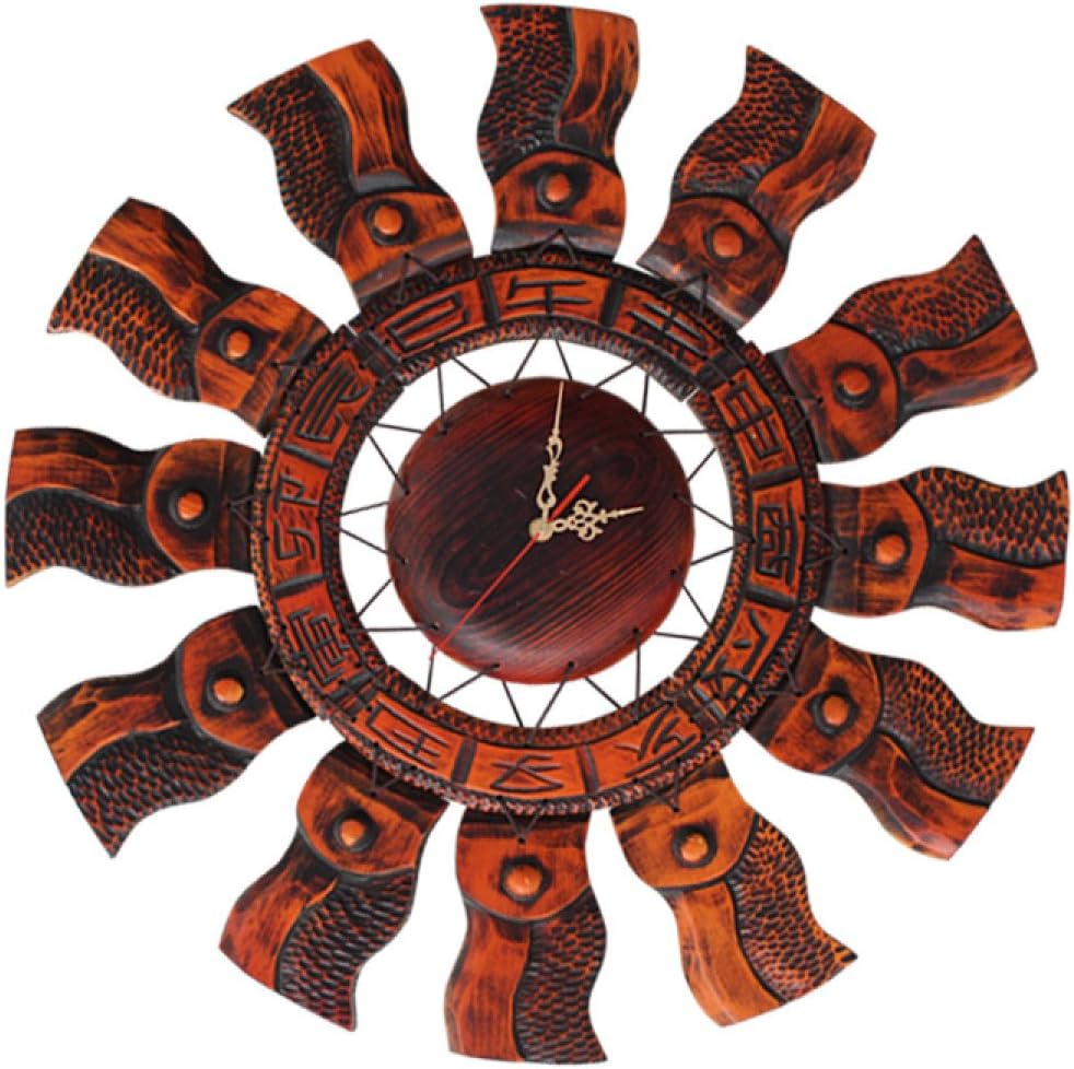 XGURD Crafts Creative Wooden Ornaments Decorative Wall Hanging Sun Auspicious Clock Hanging Wood Solid Wood Carved Wall Wall Clock,Brown-OneSize
