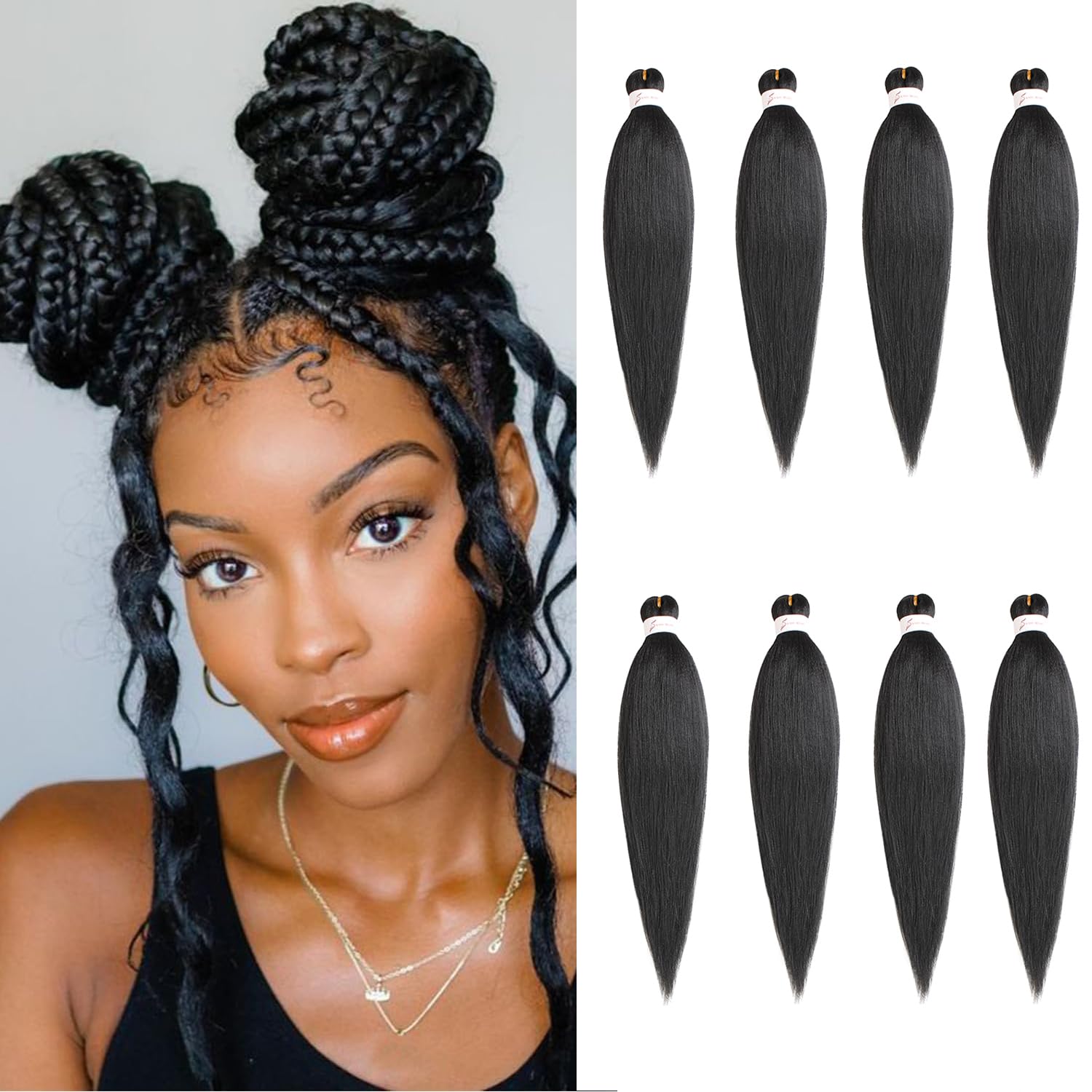 Mscat 16 Inch 8 Packs Pre Stretched Braiding Hair Black Pre Stretched Braiding Professional Synthetic Prestretched Crochet Braids Hair Extension Hot Water Setting Yaki Texture (1B#) — image 1