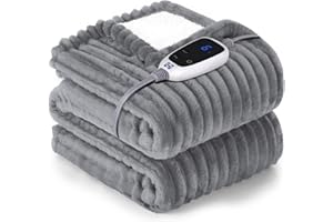 SEALY Heated Blanket Electric Throw, Ribbed Flannel to Sherpa,50"x60" Heating Blanket Throw, 6 Heat Levels & 2-10 Hours Auto-Off Over-Heat Protection, Machine Washable, Light Grey