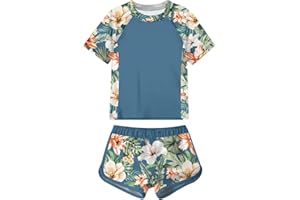 Idgreatim Girls Rashguard Swimsuit 2 Piece Short Sleeve Bathing Suit UPF 50+ Sun Proction Swimwear Size 8-16T