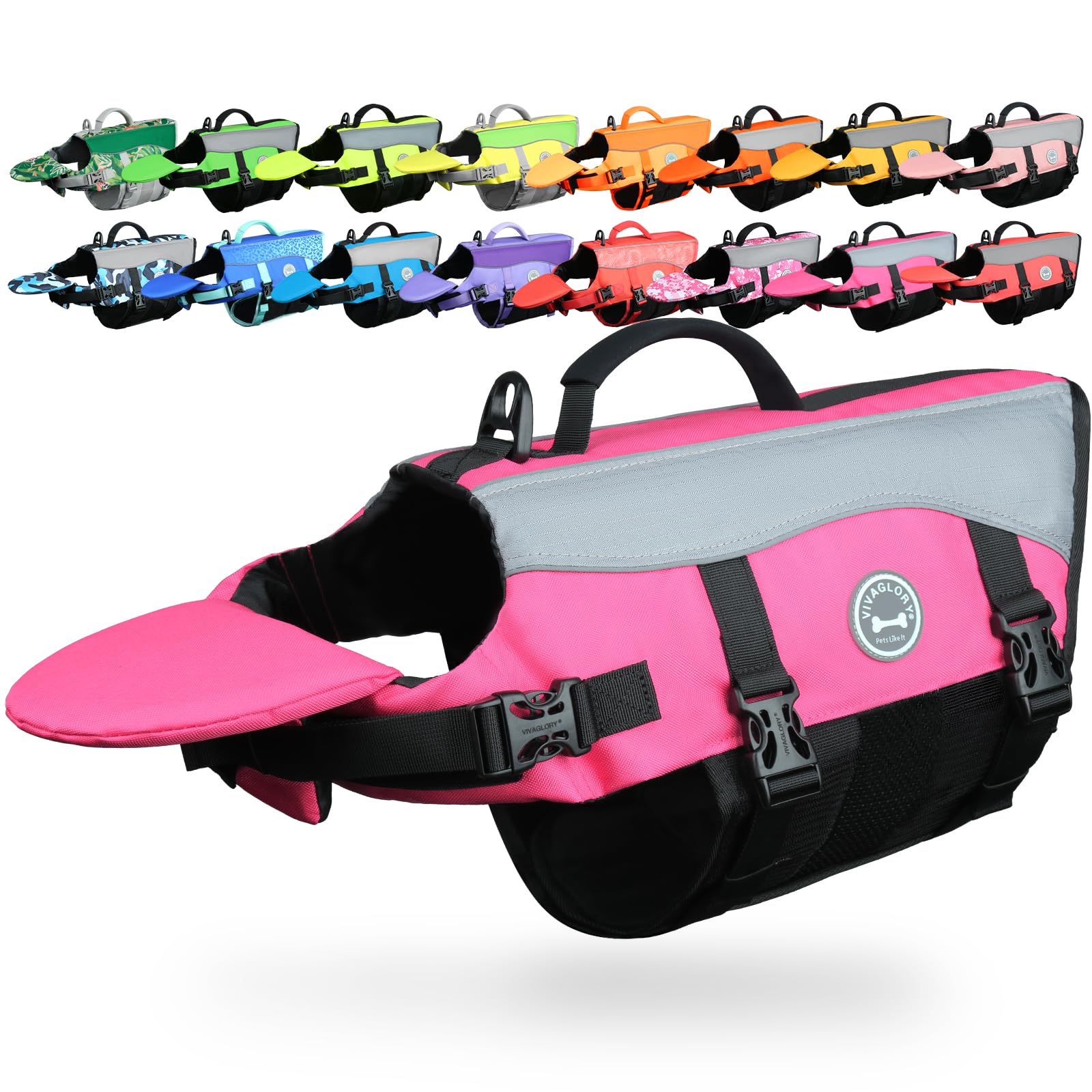 VIVAGLORY Front Float Dog Life Jacket, Dog Buoyancy Aid for Swimming & Boating, Life Vest with Chin Float & Handle, Ripstop & Buoyancy for Doggy, L, Pink