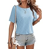 Dokotoo Women's Casual Crewneck Short Sleeve Hollow Out Lace Shirts Summer Eyelet Tunic Tops Blouses