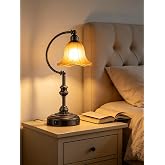 RORIA Touch Farmhouse Table Lamp for Living Room with USB C+A Ports | 3-Way Dimmable Rustic Nightstand Lamp, Vintage Retro Lamp for Bedroom End Table with Amber Glass Shade, LED Bulb Included
