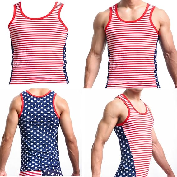 Amazon 男性 ジム 下着 タンク ノースリーブ シャツ アメリカの国旗柄 ベスト 赤 トップス 全4サイズ タンクトップ 通販