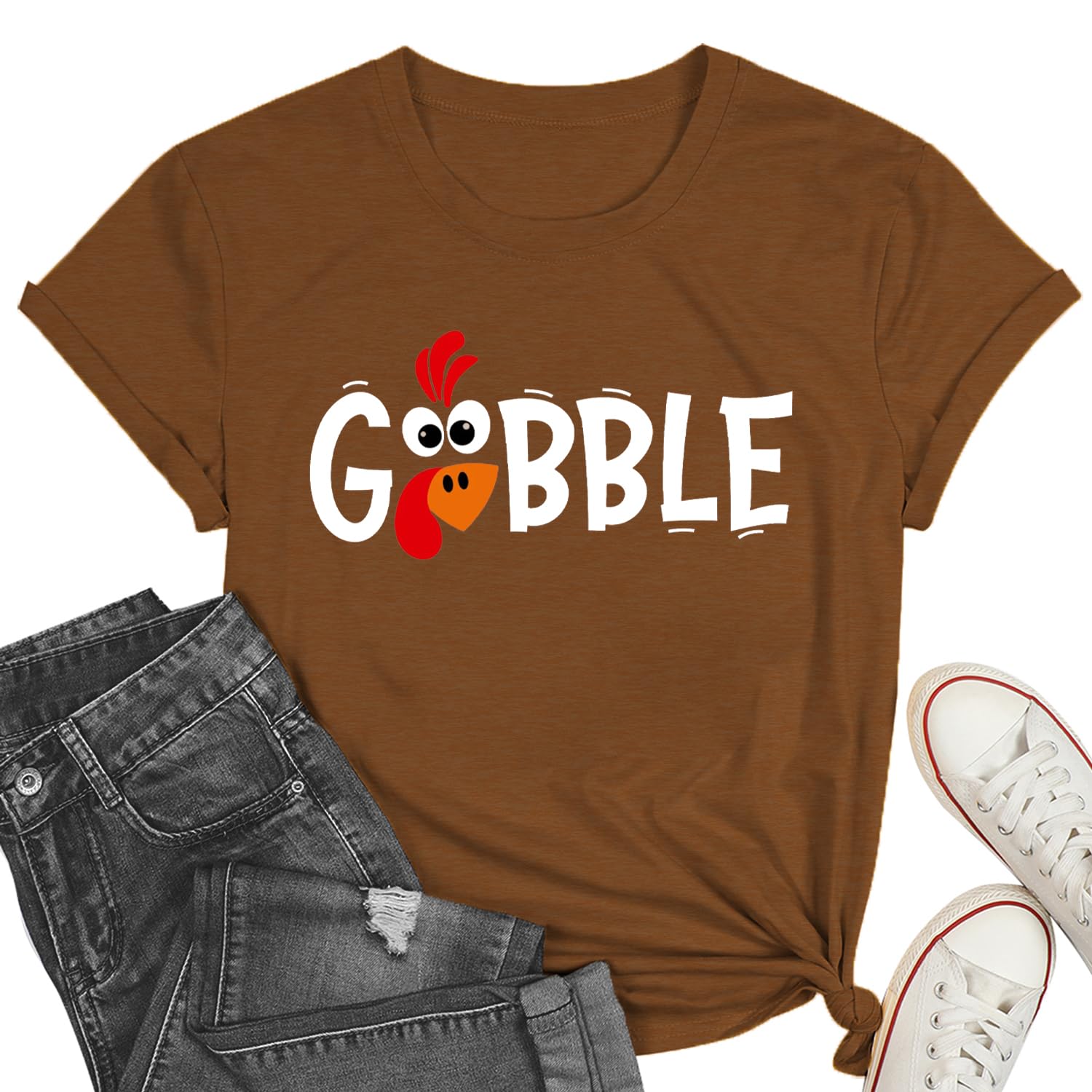 Gobble Shirts for Women Thanksgiving T-Shirt Turkey Tee Shirts Family Thanksgiving Tops Brown