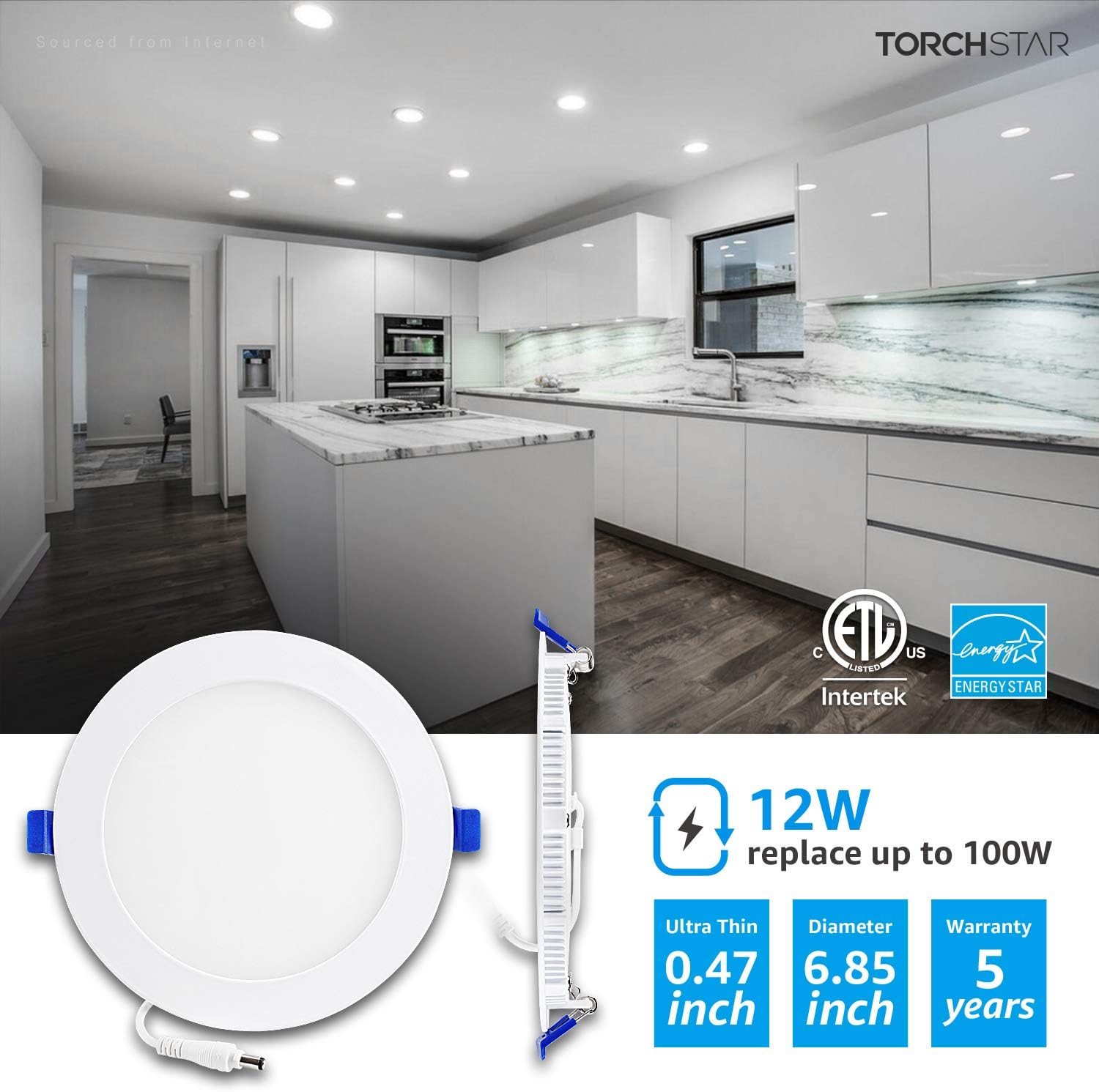 TORCHSTAR Basic Series 12-Pack 12W 6 Inch Low Profile Ultra-Thin Recessed Ceiling Light with Junction Box, 5000K Daylight, Dimmable Can-Killer Downlight, 850lm 100W Eqv. ETL and Energy Star - - 