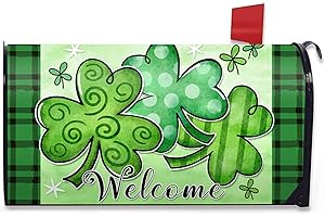 FBCOO St. Patrick's Day Shamrock Clover Welcome Mailbox Cover Magnetic Standard Size 21" x 19", Lucky Green Buffalo Plaid Decorative Post Letter Box Wrap Decor Irish Garden Yard Outdoor Decoration