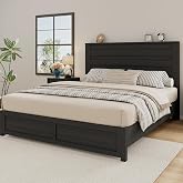Albott Farmhouse King Platform Bed with 49" Headboard &amp; Footboard | Black Wooden Bed Frame, Natural Grain Finish, Storage Bed, Noise-Free Frame, No Box Spring Required