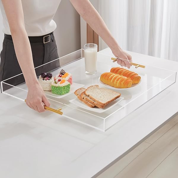 EXTRA LARGE CLEAR ACRYLIC SERVING TRAY (21×21 INCHES) WITH GOLD HANDLES SPILL PROOF ACRYLIC OVER SIZE BIG DECORATIVE TRAY ORGANISER FOR OTTOMAN COFFEE TABLE COUNTERTOP