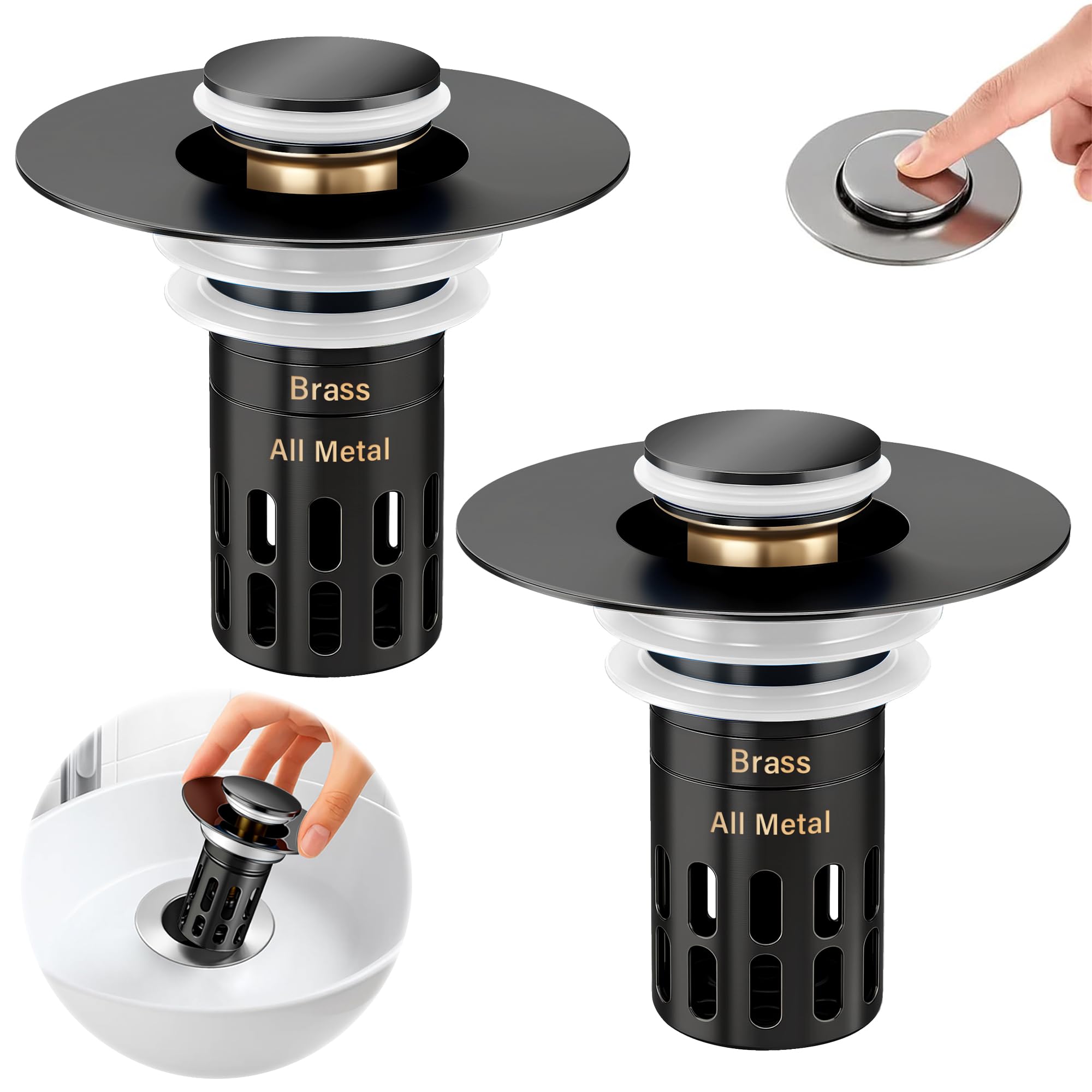 Photo 1 of (All Metal) Bathroom Sink Stopper,Pop Up Drain for Bathroom Sink,Sink Stopper Hair Catcher,Silent Popper Core w/Removable Stainless Steel Filter Basket,Sink Drain Plug Fit for 1.05~2.0''Basin