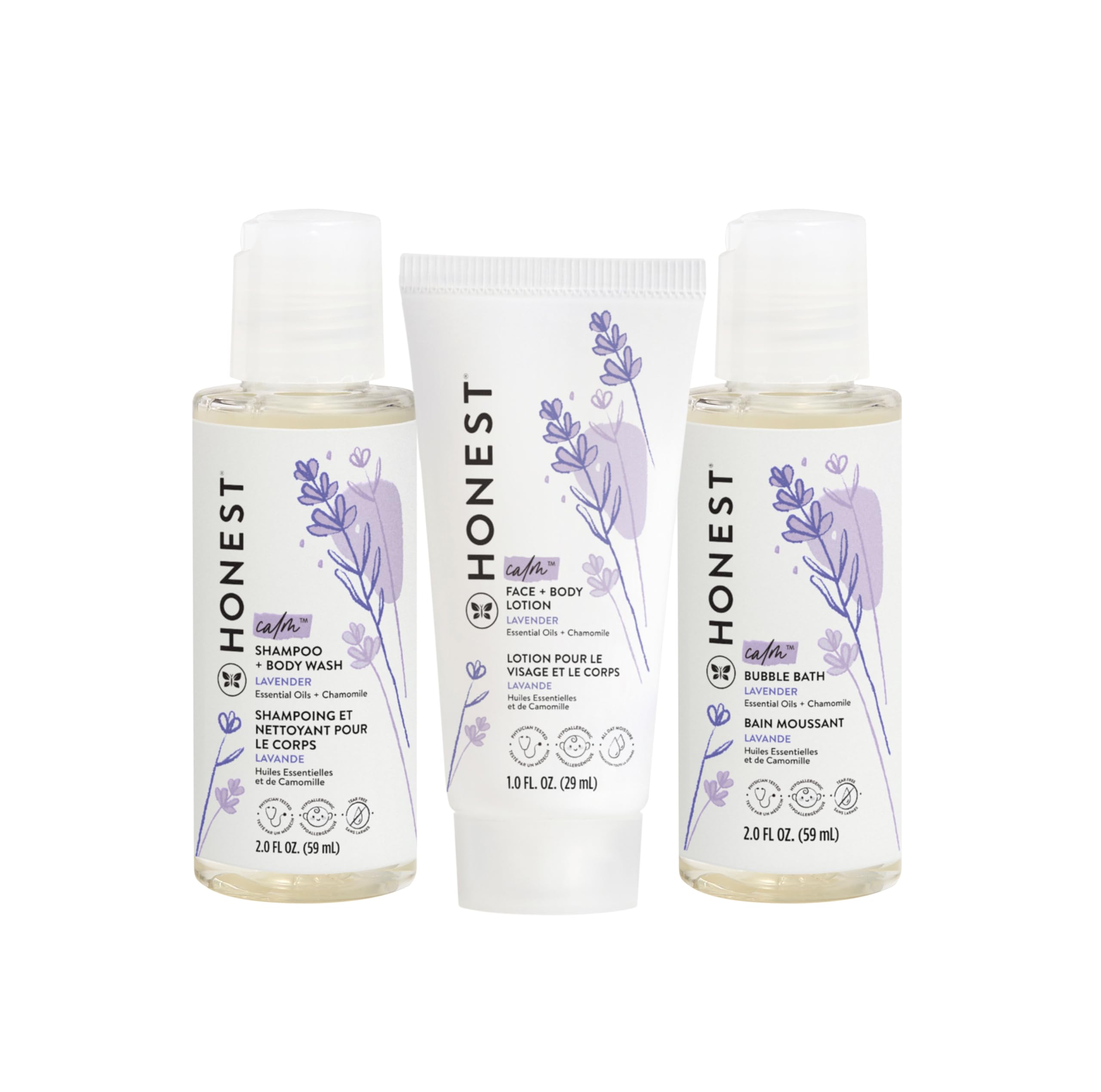The Honest Company Babe's Mini Must Haves Gift Set | Travel Size Hypoallergenic Lavender Bathtime Essentials | Shampoo + Body Wash (2 fl oz), Face + Body Lotion (1 fl oz), Bubble Bath (2 fl oz)