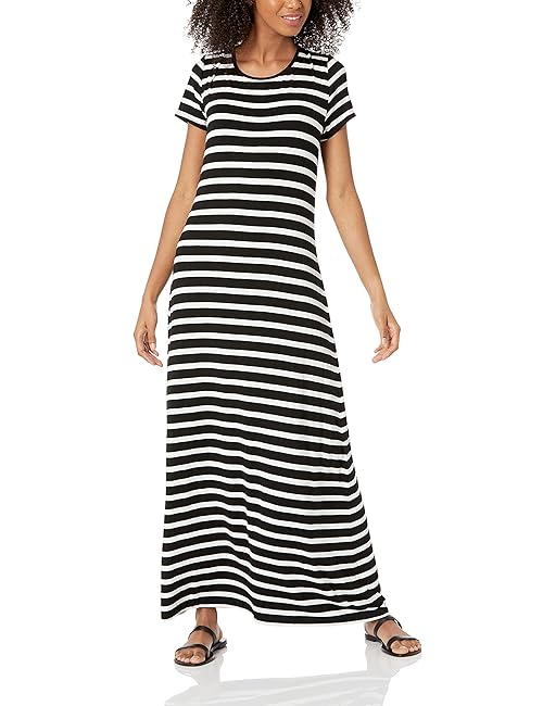 Amazon Essentials Women's Short-Sleeve Maxi Dress, Flowy, Black White French Stripe, Large