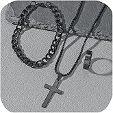ZDIFDIC 3 Pcs Man's Stainless Steel Cross Necklace Bracelet Ring Set Silver/Black Christian Gift Figaro Chain Necklace Crucifix Cross Pendant Cuban Chain Bracelet Hollow Cross Ring(Black)