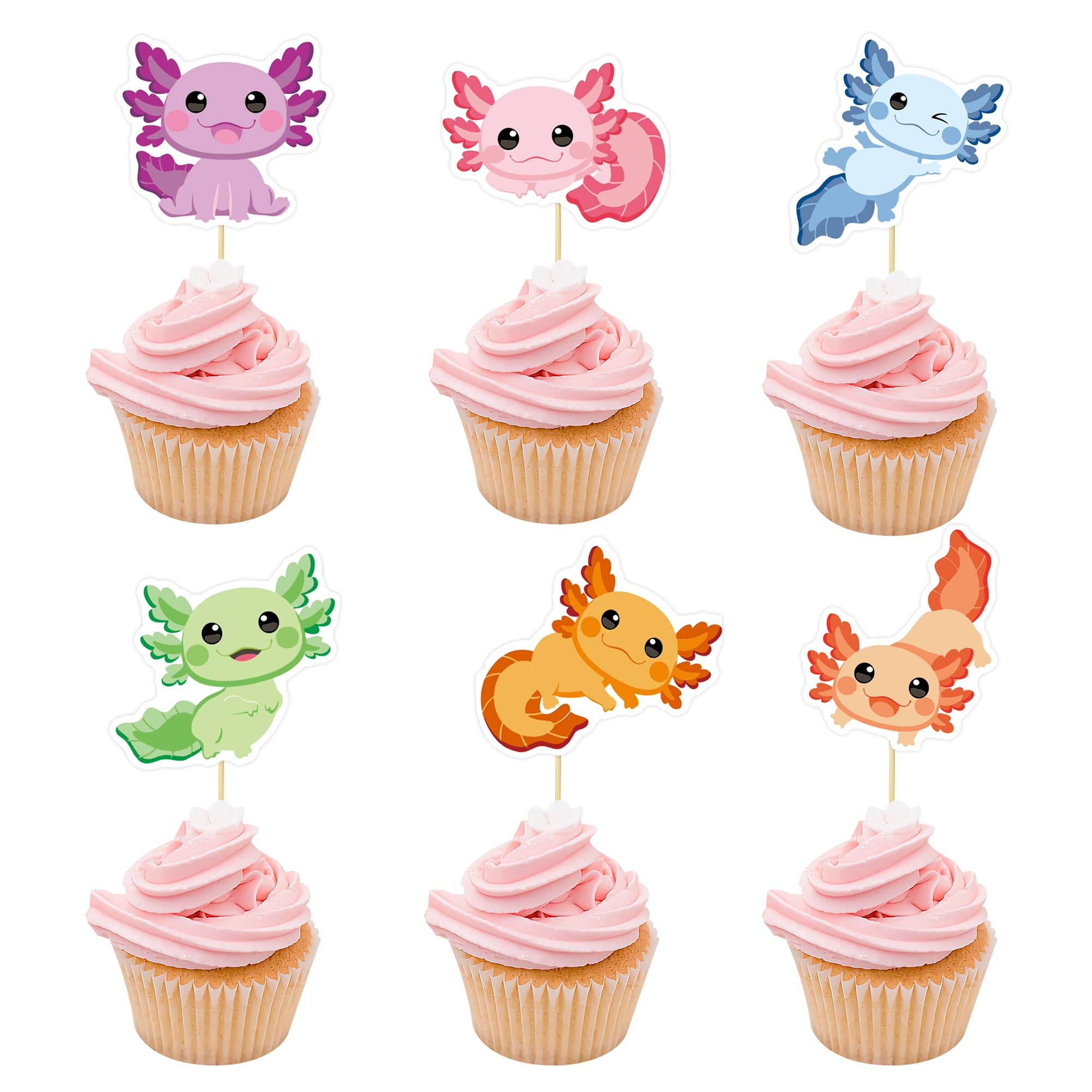 Photo 1 of 36Pcs Axolotl Cupcake Toppers Boys Girls Birthday Decorations Picks Reptile Animals Axolotl Party Supplies