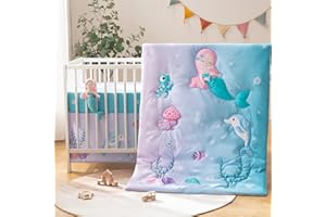 TCOYIWL 4 Piece Crib Bedding Set for Baby Boys Girls, Infant Toddler Nursery Baby Bedding Sets Includes Cartoon Quilt, Fitted Crib Sheet, Crib Skirt and Plush Mermaid Toy