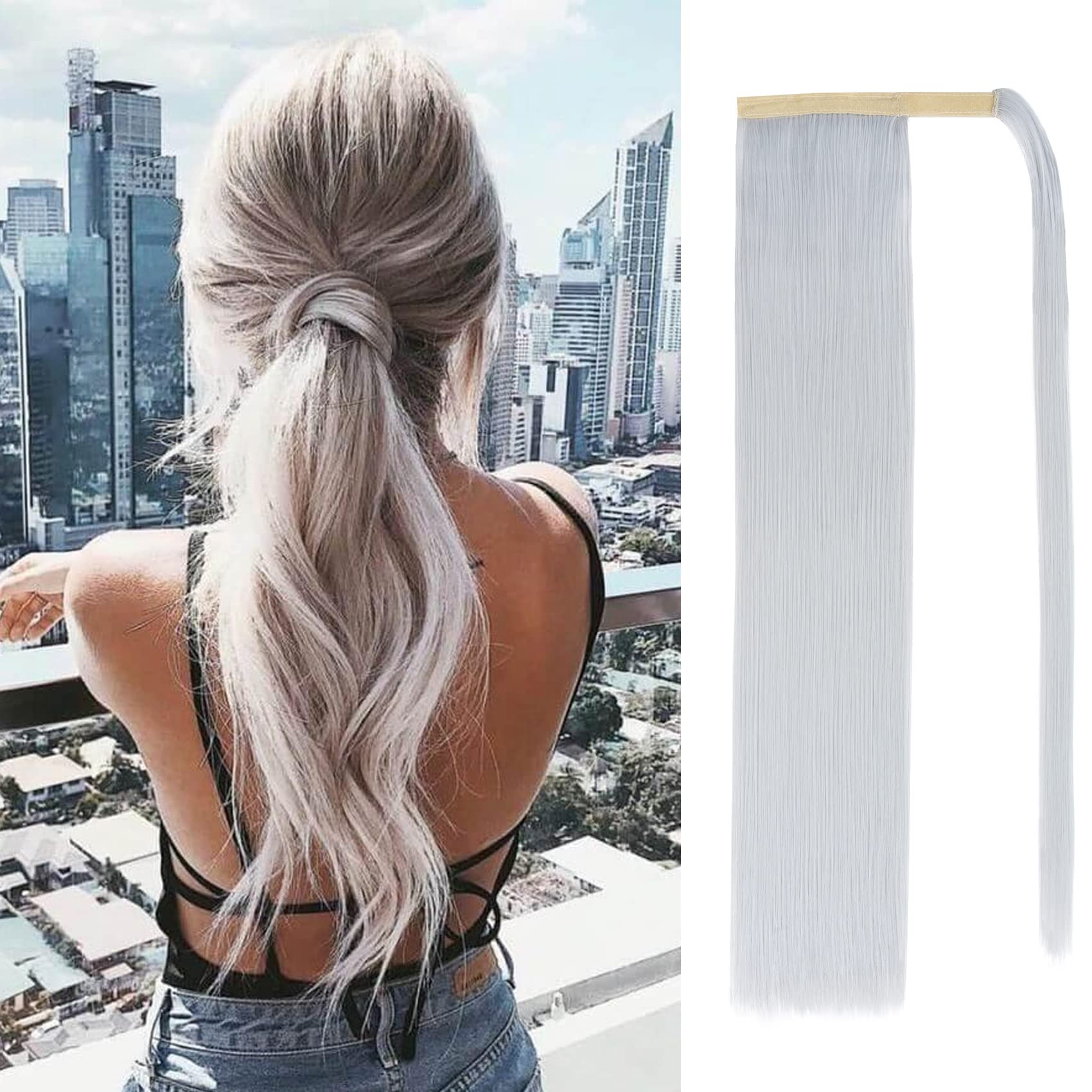 Silk-co Clip in Ponytail Wrap Around Hairpiece Straight Pony Tail Hair Clip on Extension 28 Long hair smooth Heat-Resisting Fiber Hairpiece for Women Silver Grey