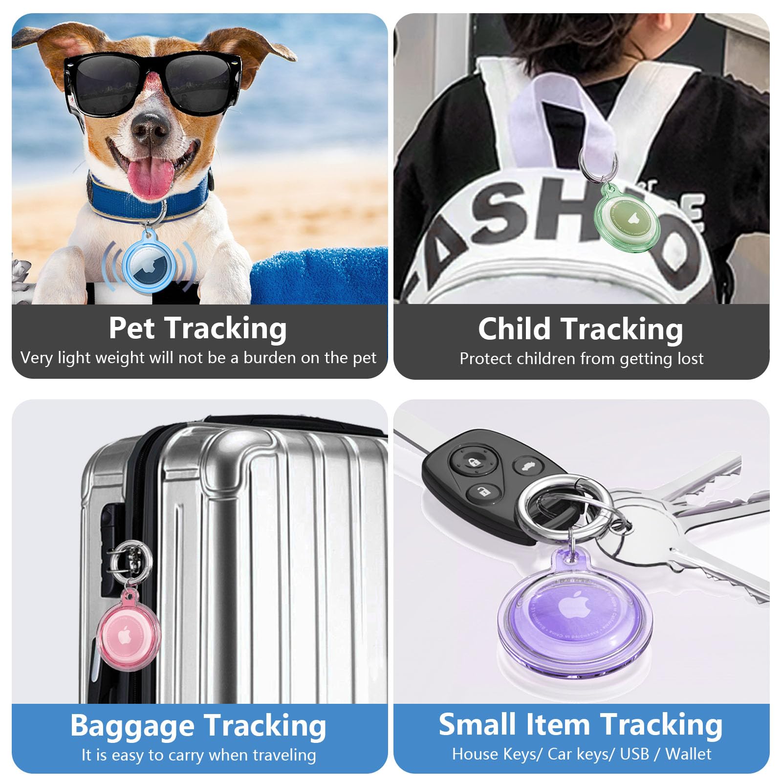 Galafoki Waterproof 4 Pack Compatible with Apple AirTags Holder, Clear Air Tags-4 Pack Air Tags Case with AirTags Keychain for Kids Dog, Pet,Car Keys, Luggage-Purle+Pink+Blue+Purple+Black+White