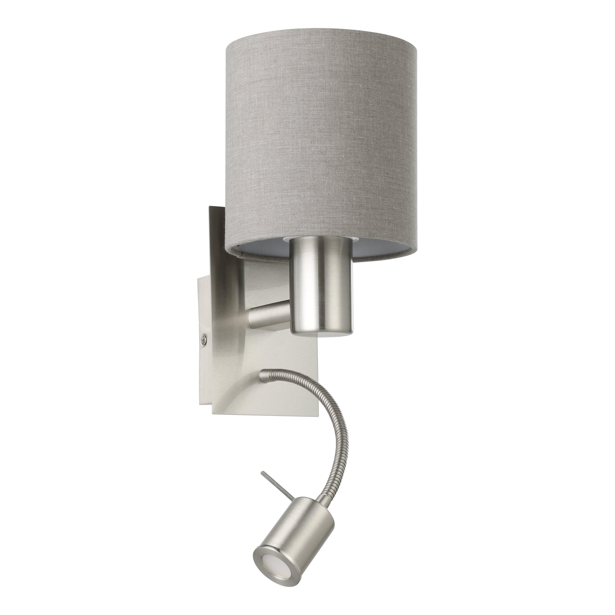 Eglo Pasteri 2-Flame LED Fabric wall Light, Material: Steel, Fabric, Colour: Matt Nickel, Grey, Socket: E27, incl. Switch and Flexible LED Reading Light